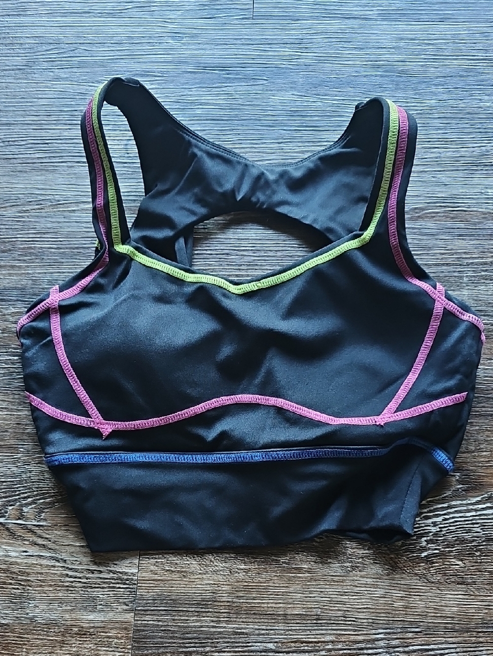 BuffBunny Black Sports Bra with Pink, Tiki Yellow & Blue Trim